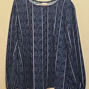 LuLaRoe Navy Sheer Navy Blue Floral Stripe Long Sleeves Top / Blouse (Large)